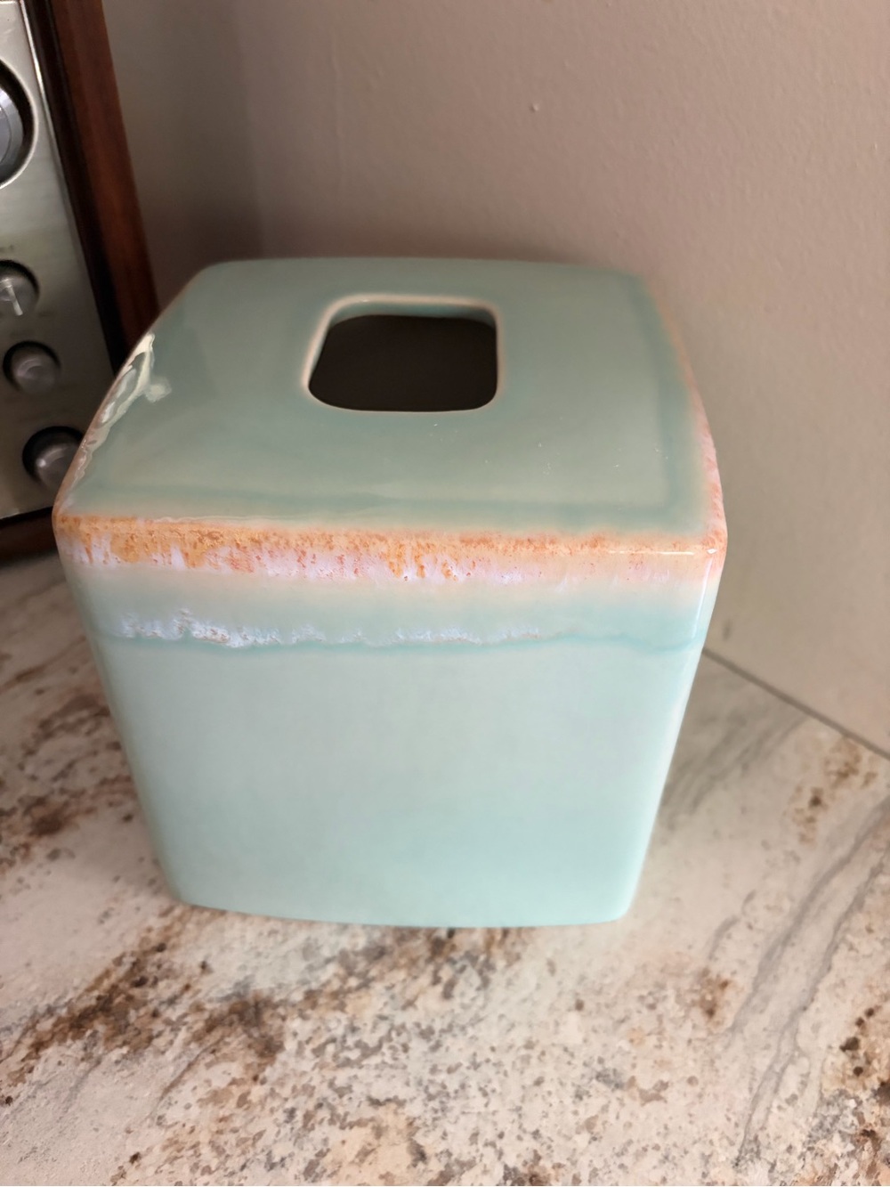 Pottery Barn Seafoam Ceramic Tissue Box Cover with Peach Accent